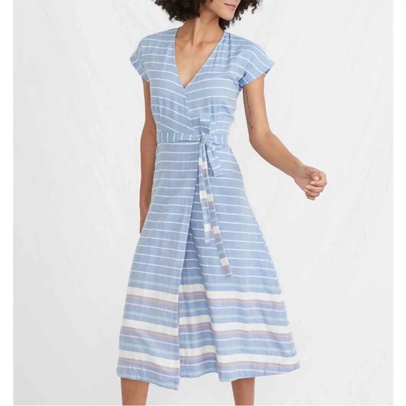 Marine Layer Maddie wrap dress midi blue white striped belt size XS NWOT - Picture 7 of 10